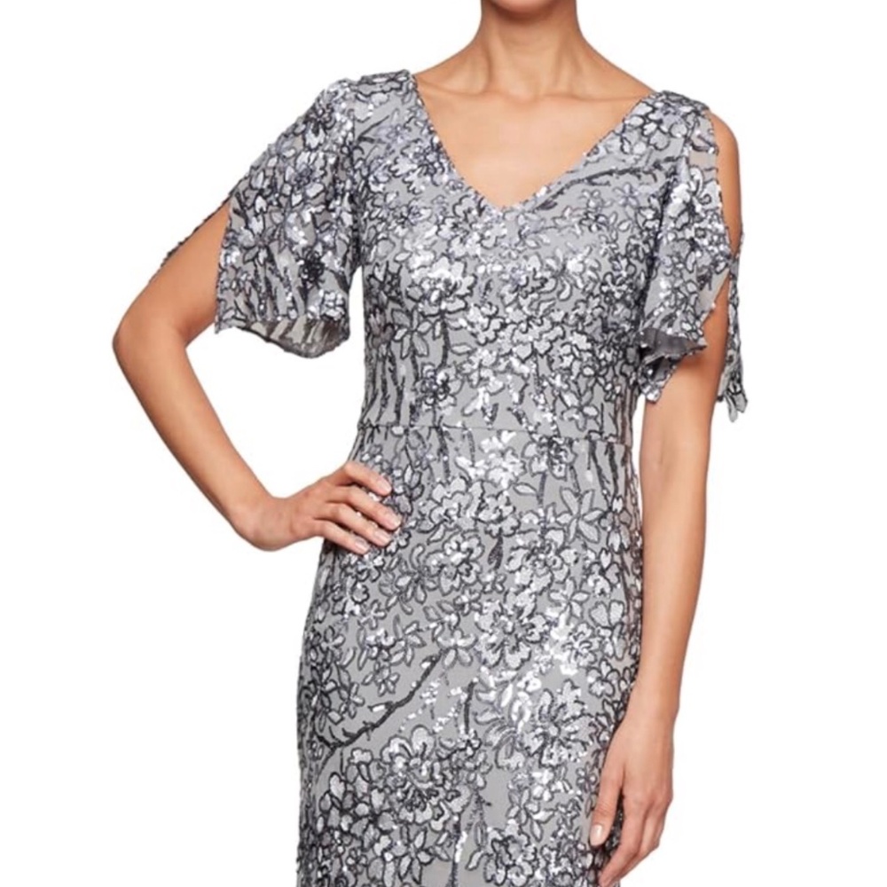 Alex Evening Silver Sequin Dress with Cold Shoulder Flutter Sleeves